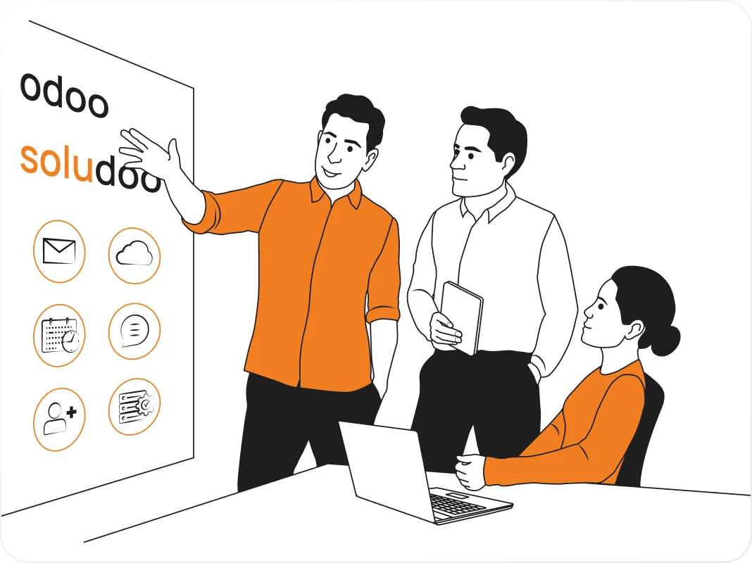 Soludoo team collaborating at a whiteboard